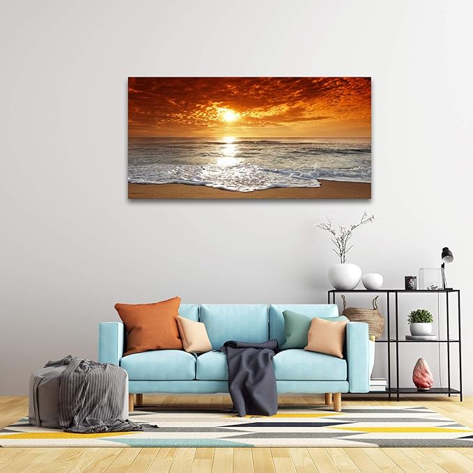 Muolunna S04662 Canvas Prints Wall Art Sunset Ocean Beach Pictures Photo Paintings for Living Room Bedroom Home Decorations Stretched and Framed Ready to Hang Seascape Waves Artwork 24x48inch