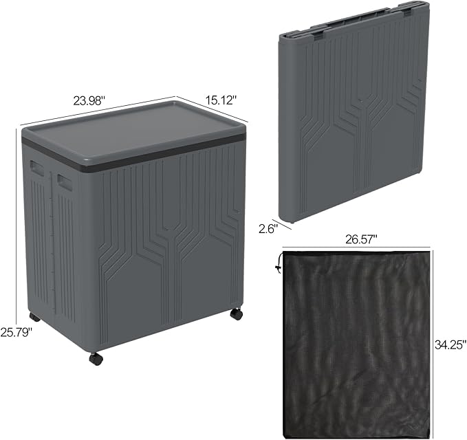 2 Section Plastic Laundry Hamper with Wheels, 120 L Collapsible Clothes Basket with Lid, Grey