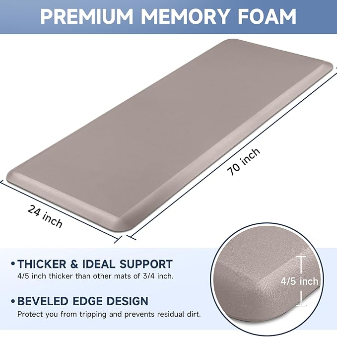 4/5 Inch Thick Kitchen Mats for Floor, StepRite Kitchen Rug for Standing Desk, Non-Slip, Thicker, Stain & Water Resistant, Comfort Anti Fatigue Floor Mat for Home, Kitchen, Office - Khaki,70 * 24''