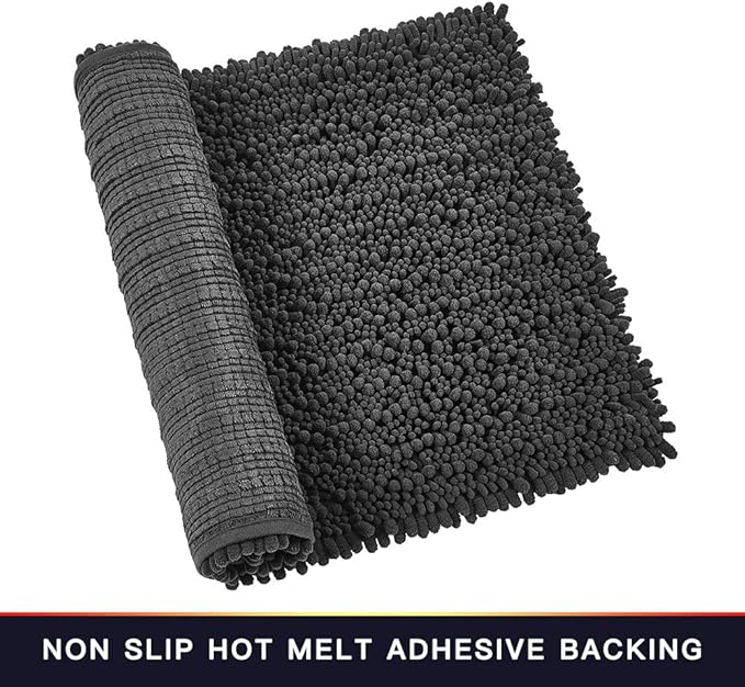 Walensee Bathroom Rug Non Slip Bath Mat (24x17 Inch Dark Grey) Water Absorbent Super Soft Shaggy Chenille Machine Washable Dry Extra Thick Perfect Absorbant Best Small Plush Carpet for Shower Floor