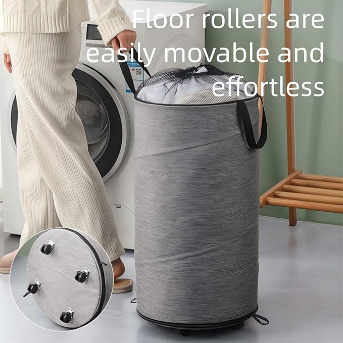 Large Laundry Basket，Waterproof, Freestanding Laundry Hamper, laundry baskets on wheels，Collapsible Tall Clothes Hamper with Extended Handles for Clothes Toys in the Dorm and Family-(72L) (grey)