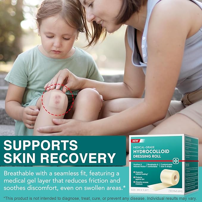 Hydrocolloid Bandages Roll for Wound Care, 5cm*3.6m Hydrocolloid Dressing Roll Cut-to-Size Plasters Supports Natural Healing, Ultra Absorption Waterproof Dressing Tape for Blisters, Acne, Minor Wounds