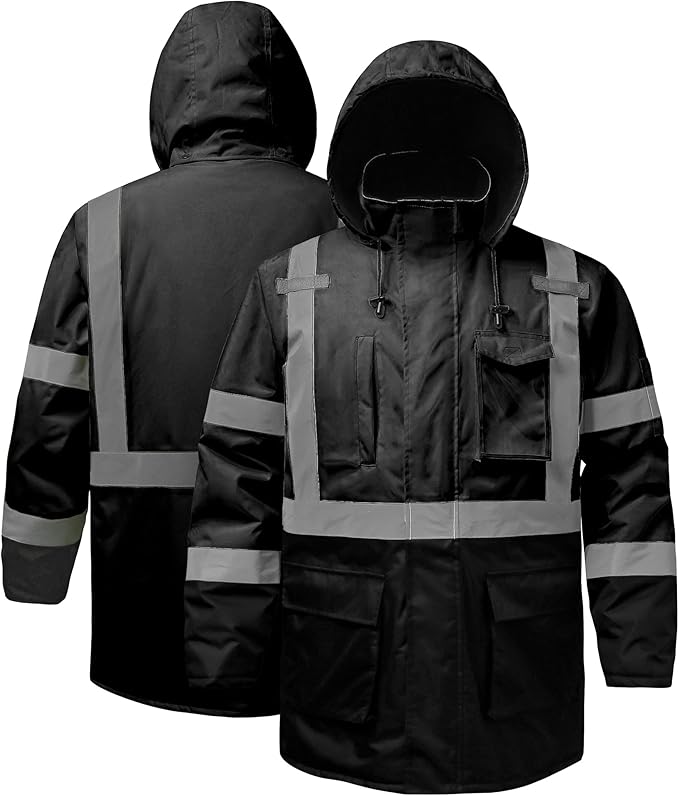 Reflective Jacket, High Visibility Parka, Waterproof Hi Vis, Safety Jacket with Removable Hood and Zipper, ANSI Class 3 (Black,5XL)