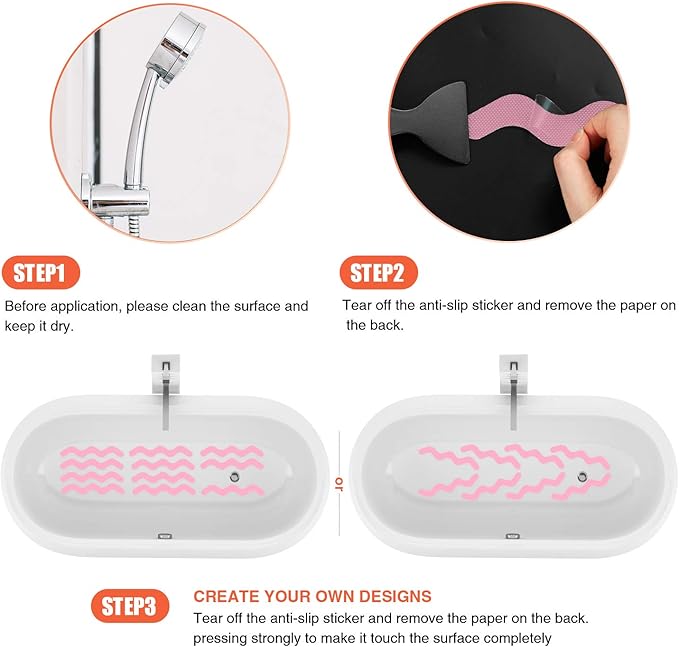 Anti Slip Shower Stickers, Adhesive Decals Safety Strips with Scraper for Bath Tub, Shower Floor, Stairs, 24 Pieces (Pink)