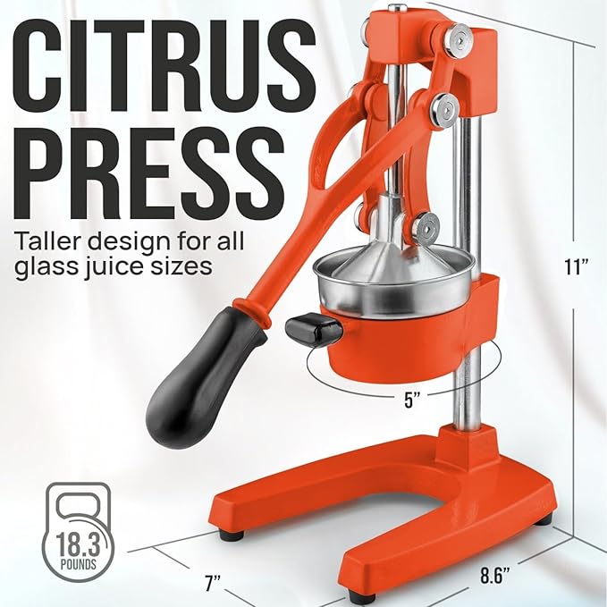 Zulay Kitchen Cast Iron Juicer - Easy-to-Clean Heavy-Duty Manual Juicer, Professional Citrus Juicer - Stainless Steel Lemon Squeezer - Manual Citrus Press & Orange Squeezer - Orange Juicer (Orange)