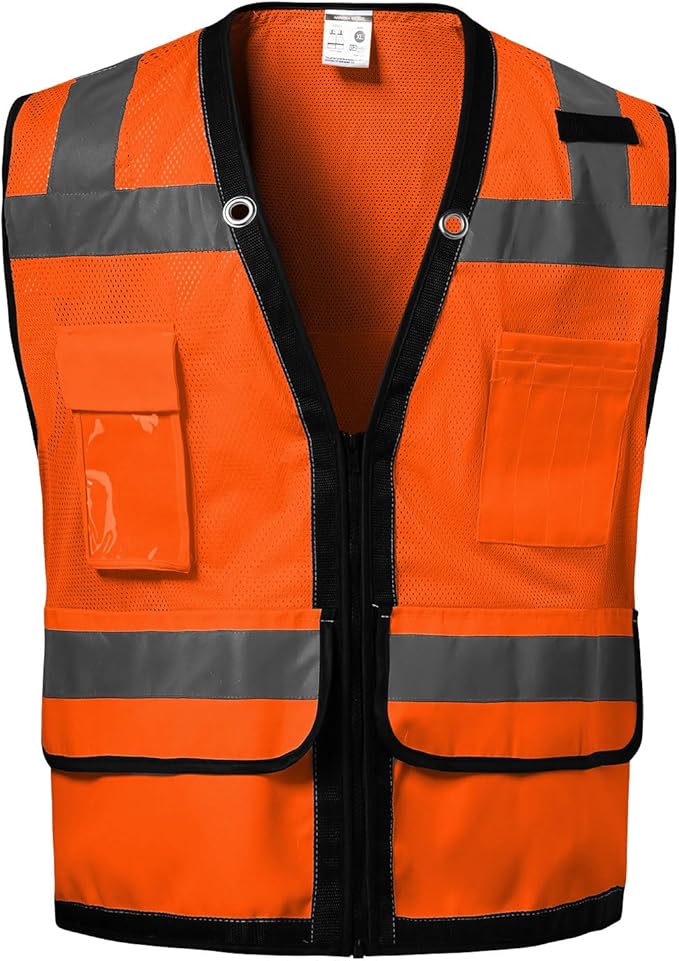 Reflective Safety vest With back plan pocket,High visibility Class 2 Heavy Duty Surveyor Vest with Zipper,Hi Vis Vest ANSI/ISEA Standard, Construction Work Vest for Men＆Women(Orange,XL)