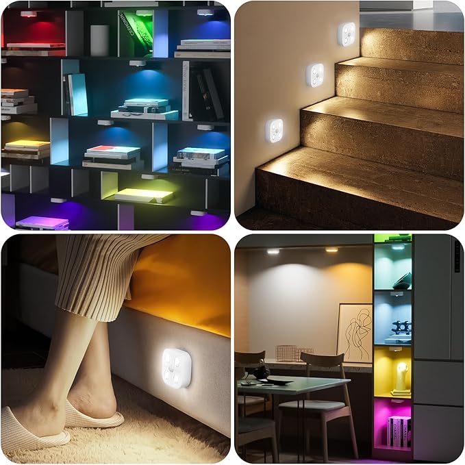 Wireless Step Light Rechargeable Puck Lights with Charging Station, RGB Motion Sensor Puck Light Under Cabinet Lighting with Remote Control, LED Closet Lights for Stair, Kitchen (3 Pcs)