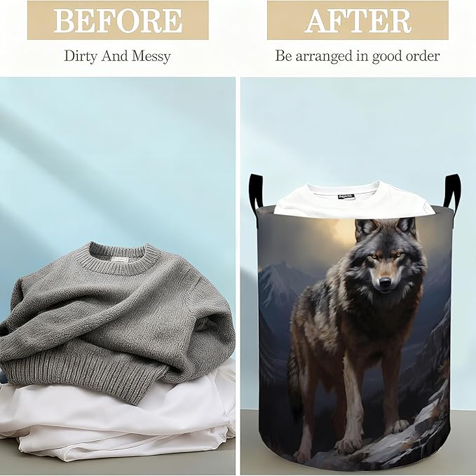 Wild Wolf Laundry Basket Hamper for Boys Girls Kids Adults, Foldable Waterproof Oxford Clothes Storage Bin, Gray Wolf Organizer for Bedroom Bathroom Room Decor 19.7"x15.8"