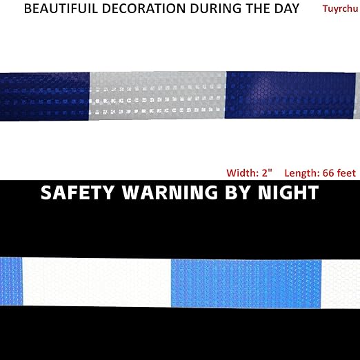 Reflective Tape Blue White 2 inch Wide, Outdoor Waterproof Hazard Conspicuity Warning Industrial Marking Tape (66 feet)