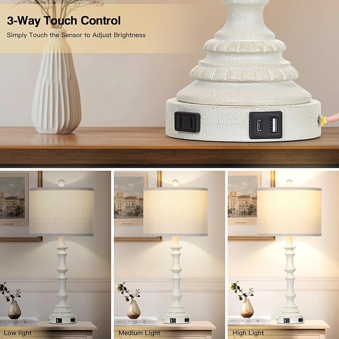 27.5" White Tall Lamp for Living Room, Vintage Farmhouse Table Lamps Set of 2 with USB C+A Ports & AC Outlet, 3-Way Touch Control Bedside Lamps, Rustic Bedroom Lamp for Nightstand Side Table