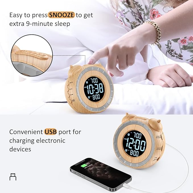 uscce Dual Extra Loud Alarm Clock with Bed Shaker - 0-100% Dimmer, Vibrating Alarm Clock for Heavy Sleepers or Hearing Impaired, Easy to Set, Snooze, Battery Backup, Wake with a Shake(Wood Grain)
