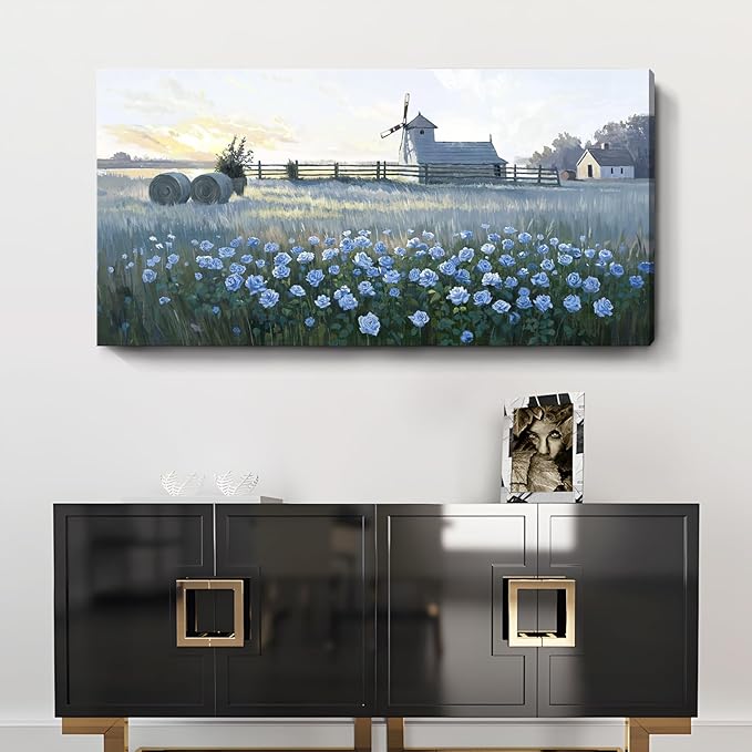 amatop Rustic Farmhouse Canvas Wall Art | Blue Rose & Windmill Sunset Landscape – Serene Countryside Botanical Decor for Living Room, Bedroom & Office (48x24 Inch)