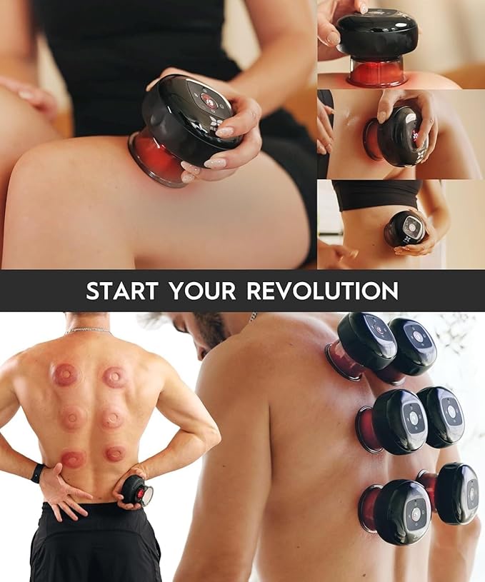 REVO The Original 4-in-1 Smart Cupping Therapy Massager, Red Light Therapy for Targeted Pain Relief, Knots, Aches, Muscle Soreness, Circulation & Tighter Skin, Portable Cupping Kit (Four Pack)