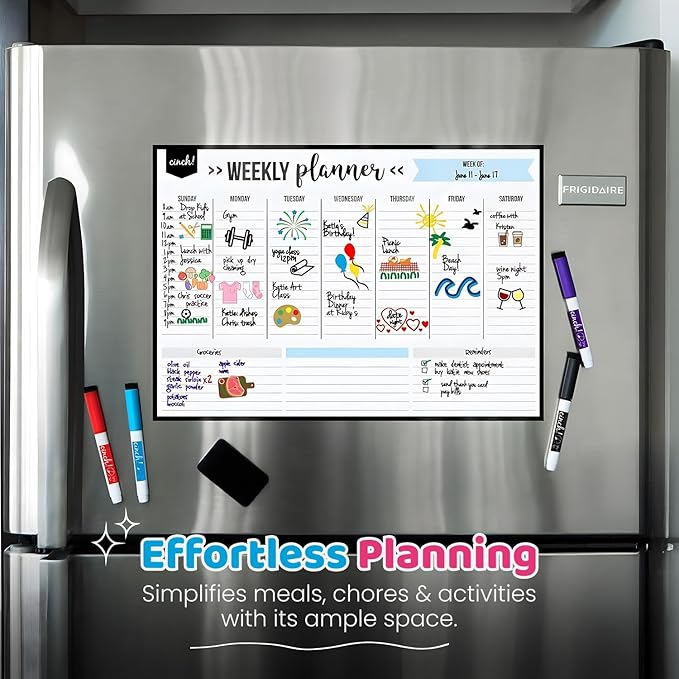 Cinch! Weekly Planner - 17x12-Inch Magnetic Weekly Calendar for Fridge and Meal Planner - Stain Resistant Dry Erase Whiteboard with 4 Fine Tip Markers and Eraser for Easy Scheduling