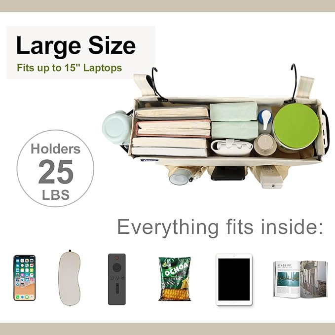 Surblue Bedside Organizer with Hook Bedside Caddy Hanging Storage Bag with Adjustable Strap and Water Bottle Holder for Home College Dorm Bunk Bed Accessories, Crib Bed Rail, Hospital Bed, Beige, 2PCS