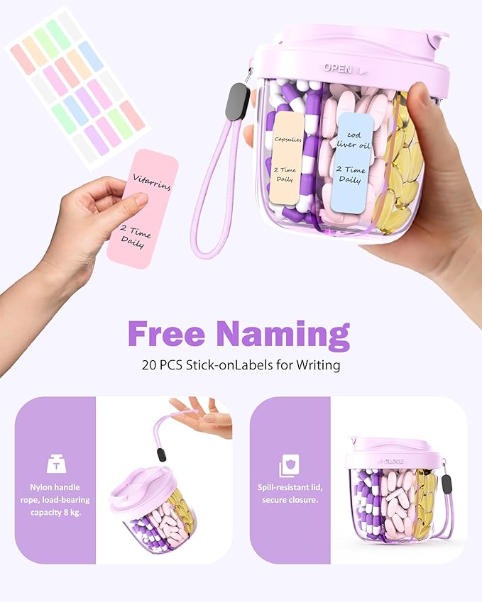 Cute Pill Organizer,Pill Dispenser with 7 Large Compartments,Portable Pill Bottle Box with Wide Opening for Easy Use, Anti-Mix Pills Organizer for Travel,Includes 20 Pcs Sticky Labels（Purple）