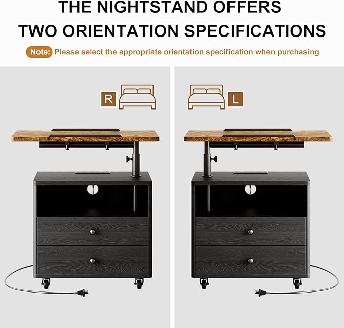 Bedroom Nightstand with Drawers & Charging Station, Adjustable Height Bedside Table with Wheels, Wooden Small Sofa Side Tables with Storage for Living Room, Black Brown