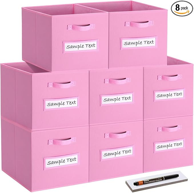 artsdi Fabric storage cubes (8 Pack) 11 Inch Cube Storage Bin, cube organizer bins with 8 Labels Window Cards & a Pen, Foldable cube organizer bins and Storage Box, Light Pink