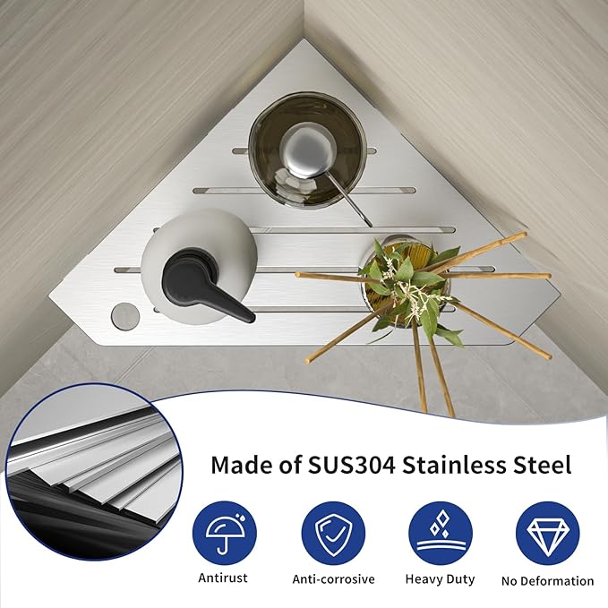 Corner Shower Shelves, Pentagonal Grout in Shelf w/Razor Holding Hole, 304 Stainless Steel Bathroom Shelf (Brushed)