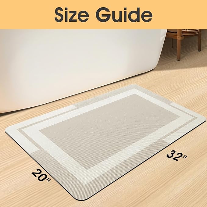 Ultra Thin Bath Mat, Upgrade Backing Non Slip Thin Bath Mats Fit Under Door, Quick Dry Ultra Absorbent Bathroom Rugs, Machine Washable Bath Rugs for Bathroom, Bathtub, Light Beige/Bordered/32"x20"