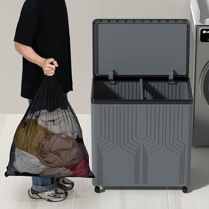 2 Section Plastic Laundry Hamper with Wheels, 120 L Collapsible Clothes Basket with Lid, Grey