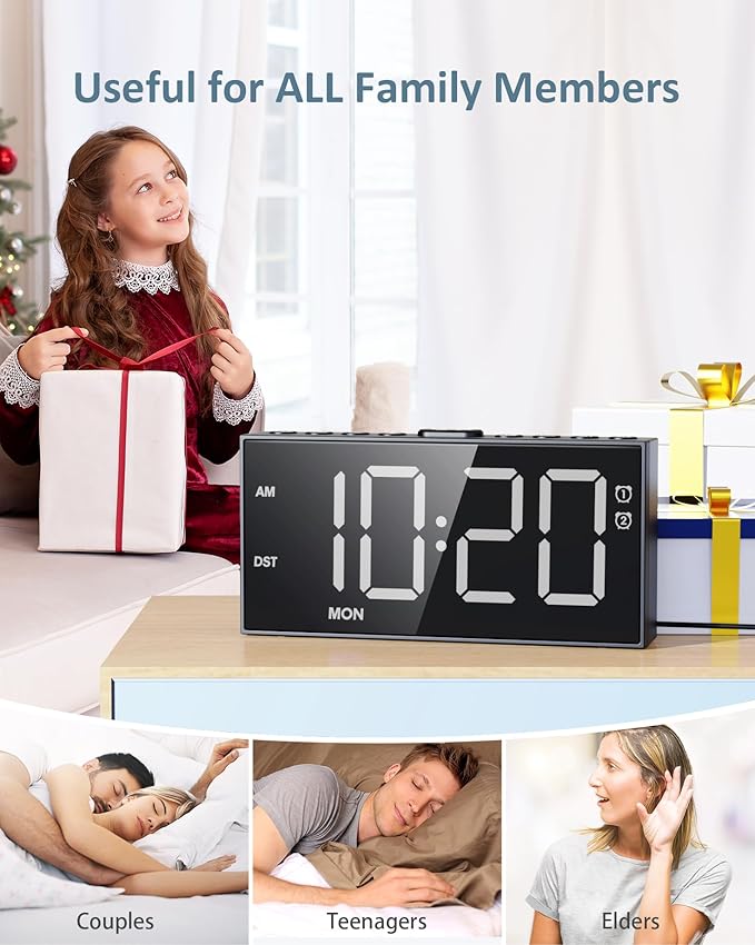 Alarm Clock for Bedroom Heavy Sleepers, Dual Alarms,Weekday/Weekend/Everyday,7.5''LED Large Display,5 Dimmer,Digital Clock with Snooze, 5 Volume,Type C & USB Chargers,Snooze,Battery Backup,Easy to Use