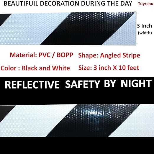 Black White Reflective Tape Outdoor Waterproof 3 inch X 10 feet, High Visibility Hazard Conspicuity Safety Industrial Marking Tape