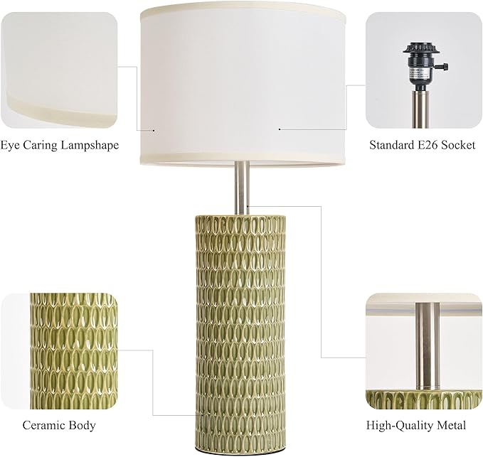 26.5" Ceramic Table Lamp, Table Lamp for Living Room, Green Lamp for Bedroom, Night Stand Lamps, Modern Bedside Lamp Set of 2, End Table Lamps, Green