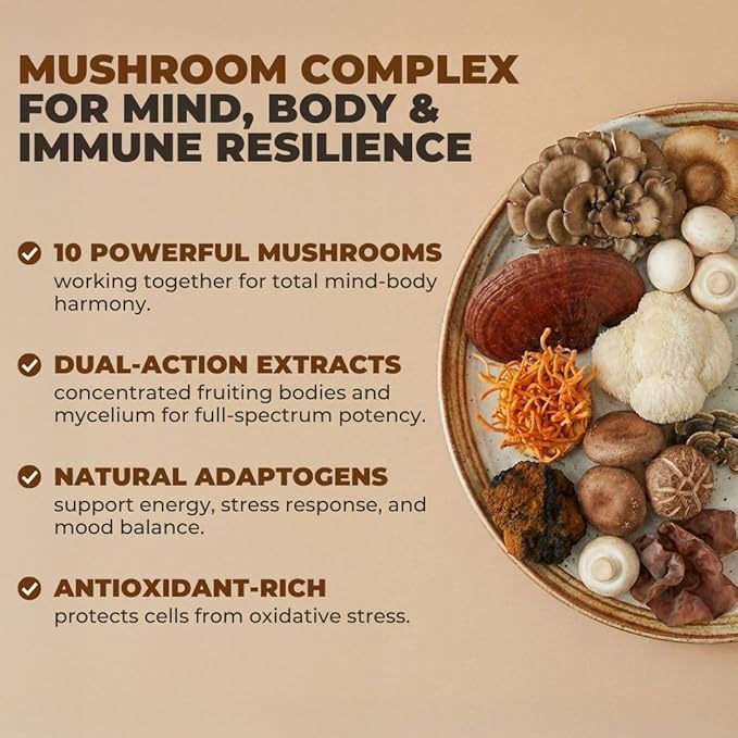 Vital 10-in-1 Mushroom Supplement Complex – High Potency Lion’s Mane, Cordyceps, Reishi & Turkey Tail Capsules – Nootropic Brain Support for Memory, Focus & Energy – 30 Day Supply