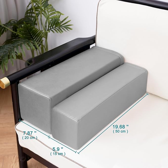 2 Pack Couch Arm Rest Pillow, 6''x6''x20'' Faux Leather Waterproof Cover, High Density Foam Armrest Cushion, Removable & Washable Elbow Support for Sofa, Bed, and Armchair (Medium Grey)