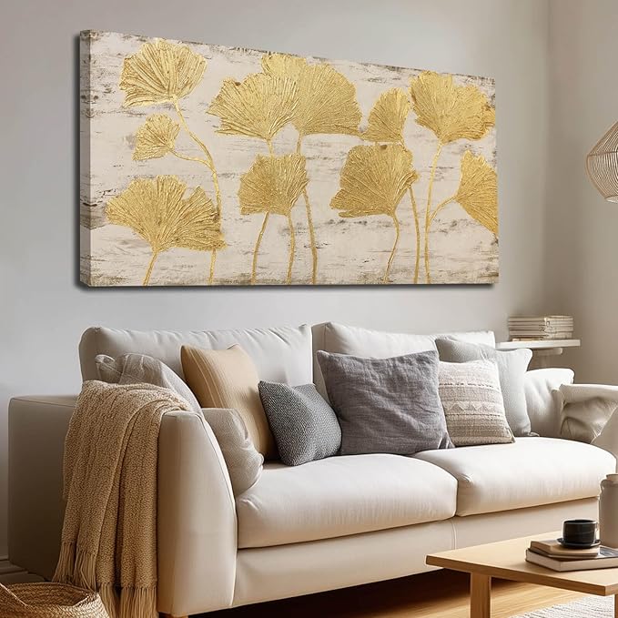Gold Wall Decor Leaf Wall Art Large Photo Pictures Canvas Wall Decorations for Living Room Artwork for Girls Room 24"x48"
