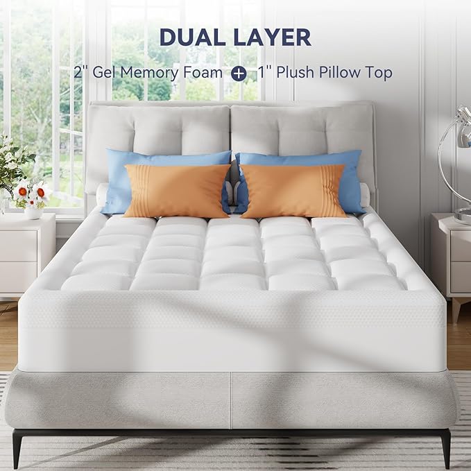 ELEMUSE Twin Dual Layer 3 Inch Memory Foam Mattress Topper for Pressure Relief, Breathable Pillow Top Mattress Pad with Deep Pocket, Enhanced Support, Non-Slip Design & Removable & Washable