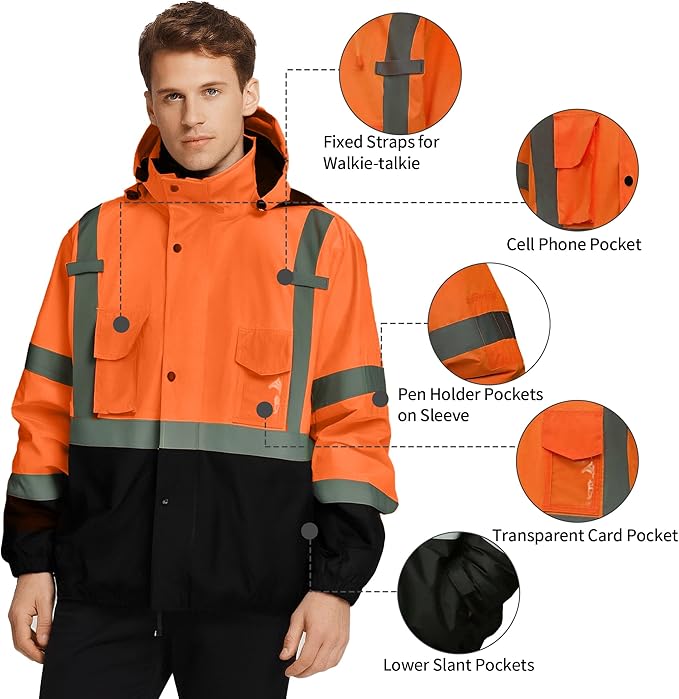 Hi Vis Safety Jackets for Men Waterproof Class 3 Reflective Construction Jacket for Winter Bomber Jacket