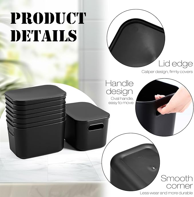 Hoolerry 8 Pieces Colorful Storage Bins with Lid, Plastic Storage Basket Organizing Container Stackable Box with Handle for Shelves Desktop Playroom Office(9.8 x 7.1 x 6.3 Inch,Black)