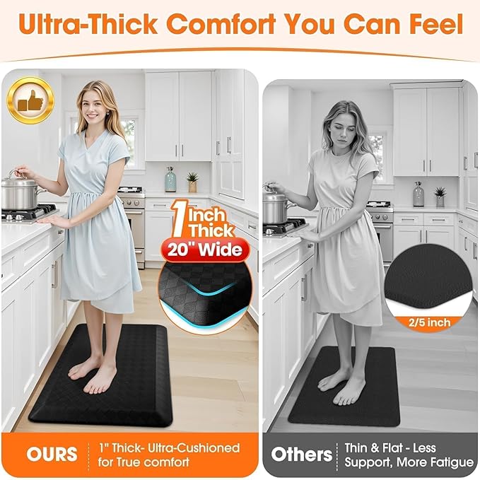 StepRite 1” Thick Kitchen Mats for Floor, Anti Fatigue Kitchen Rugs, Non-Slip,Heavy Duty Waterproof Kitchen Rug, Standing Desk Mat，Xmas Decor，Gifts for Friends, Family, Home, Kitchen, Office, (Black)