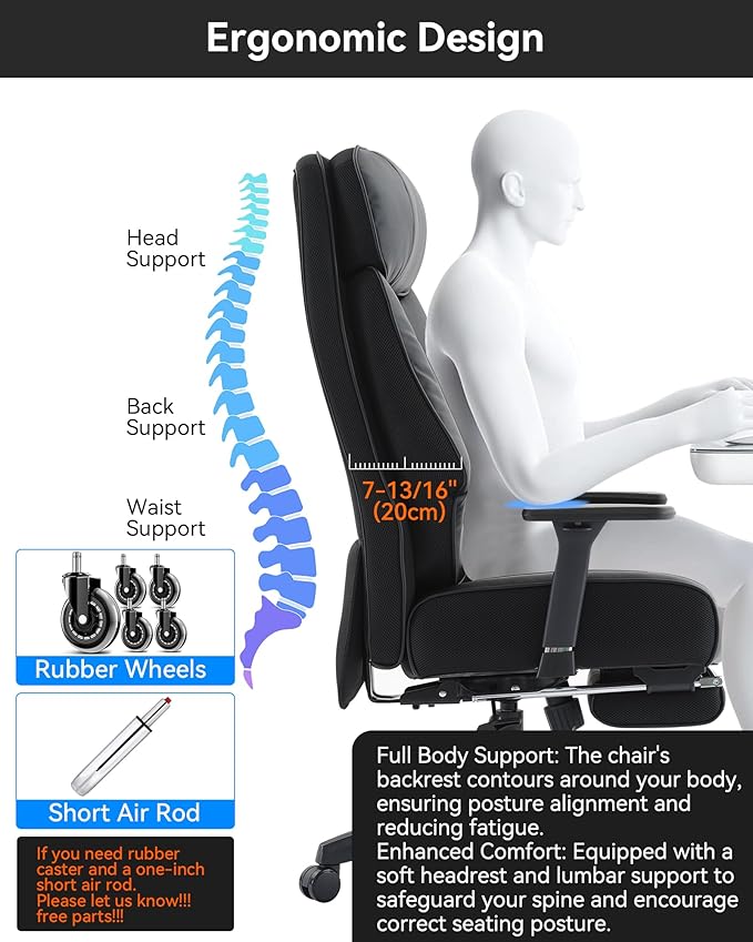 DJ·Wang Big and Tall Office Chair 400lbs with Foot Rest, High Back Executive Office Chair with Extra-Thick Spring Cushion, Ergonomic Leather Chairs Black