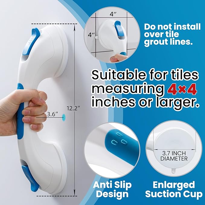 TAILI Shower Grab Bar Glow in The Dark, 2 Pack 12.2 in Grab Bars for Bathtubs and Showers,Shower Handles Shower Rails for Seniors and Elderly,Bathroom Safety Grip Removable No Drilling Waterproof Blue