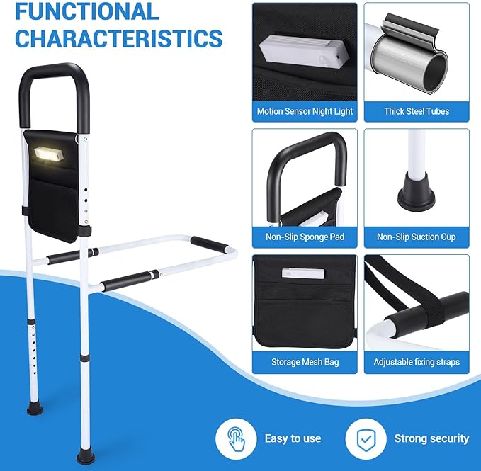 Bed Rails for Elderly Adults Safety - Adjustable Bed Assist Rail for Seniors with Motion Light & Storage Pouch, Bed Handles for Elderly Adults - Fits Twin Full King Bed Rails for Queen