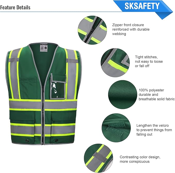 SKSAFETY 10 Pockets Safety Vest, Class 2 High Visibility Security with Zipper, Hi Vis Vest with Reflective Strips, ANSI/ISEA Standard, Construction Work Vest for Men ＆ Women （Green,2XL）