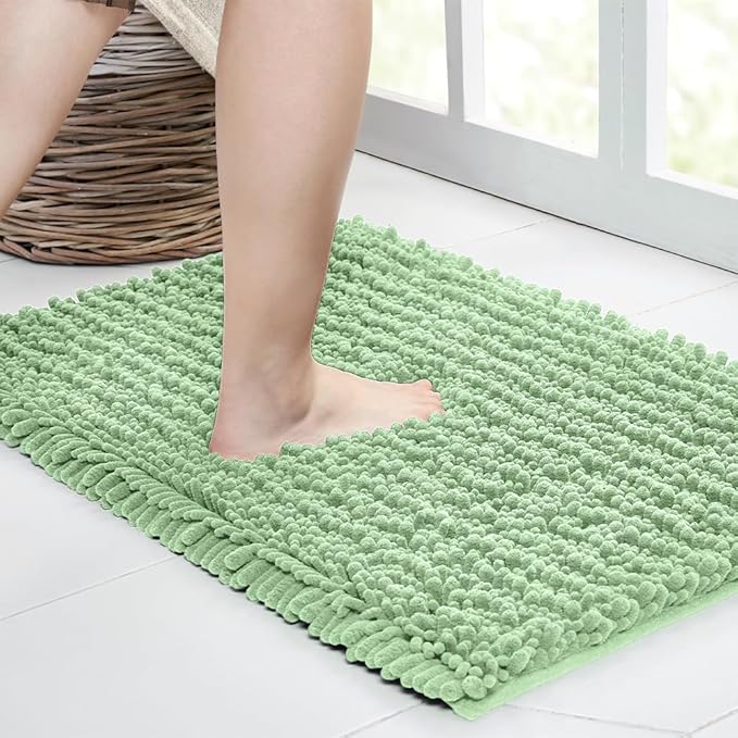 Walensee Bathroom Rug Non Slip Bath Mat (44x24 Inch Sage Green) Water Absorbent Super Soft Shaggy Chenille Machine Washable Dry Extra Thick Perfect Absorbant Best Large Plush Carpet for Shower Floor