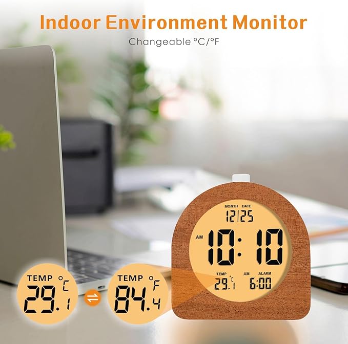 Plumeet Wooden Digital Alarm Clock for Bedrooms, Wood 4'' Battery Powered Alarm Clock with Snooze and Nightlight, Electronic LCD Desk Clock Display Time, Date, Temp, 12/24H, Wood Décor, Round, Sapele