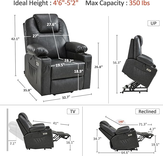 MCombo Power Lift Recliner Chair for Elderly, Lift Chair with Heat and Massage, FSC Certified, USB Ports, Cup Holders, Faux Leather 7141 (Grey, Small)