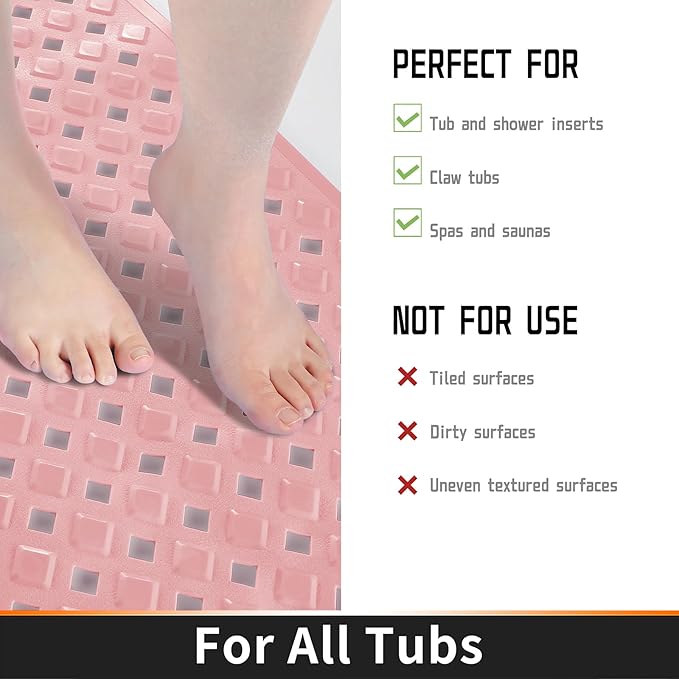 Yimobra Bathtub Mat Non Slip, Super Strong Suction Cups, 27.5"x15.5" Long Shower Mat with Drain Holes, Machine Washable Fast Draining Bath Mats, Bathroom Essentials,Pink