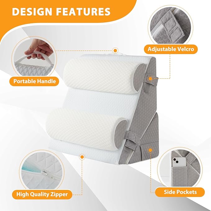 4PCS Wedge Pillow Set for After Surgery, Adjustable 9&12 Inch Bed Wedge Pillow for Sleeping, Incline Pillow Wedge for Headboard, Post Surgery, Acid Reflux, Neck&Back Support, White/Grey