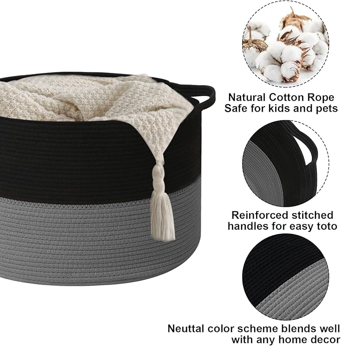 Large Storage Basket with Handle,19.7"x 19.7"x 13" Blanket Basket Storage Bins for Organizing,65L Cotton Rope Woven Baskets for Living Room, Nursery ,Bedroom,Black&Dark Grey