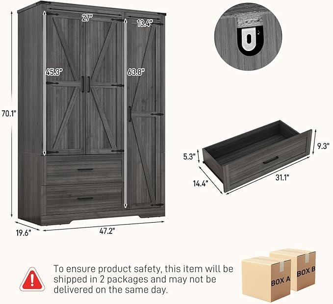 3 Doors Wardrobe Armoire Closet with Doors and Drawers, Farmhouse Wooden Armoire Storage Cabinet with Shelves & Hanging Rod for Bedroom, Grey