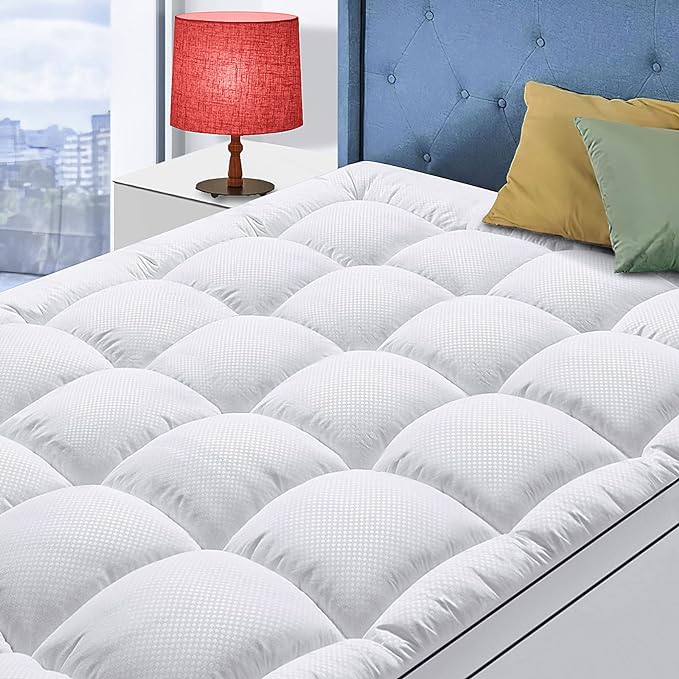 Twin XL Mattress Topper for Back Pain, Cooling Extra Thick Mattress Pad Cover with 8-21 inch Deep Pocket, Plush Pillow Top Mattress Topper Overfilled with Down Alternative, Twin Extra Long, White