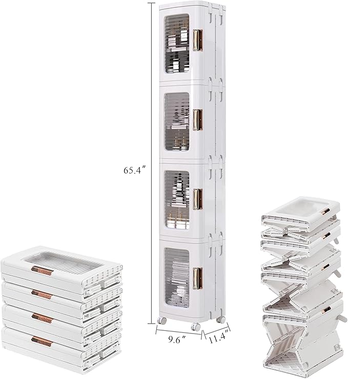 VECELO 4-Tier Tall Narrow Storage Cabinet with Movable Wheels, Adjustable Shelves, Anti-Tip, Slim, for Small Space, Bathroom, Kitchen, Laundry, White