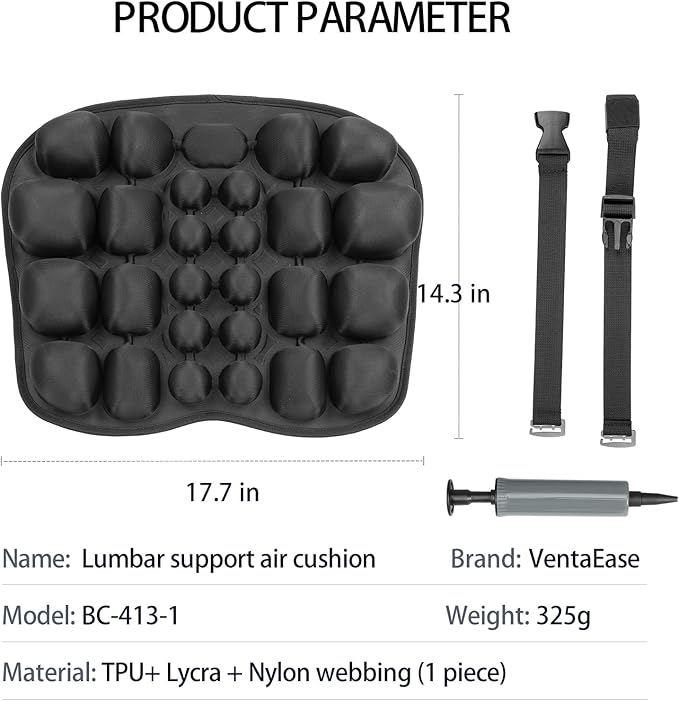 Inflatable Lumbar Support Pillow for Car & Office Chair - Tailbone Pain Relief Air Seat Cushion for Driver, Wheelchair, Airplane Seat, Travel - 17.7x14.3x2.0 Inches