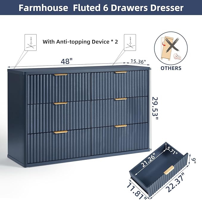 LEYAOYAO Fluted 6 Drawers Dresser, 48" Wide Modern Chest of Drawers with Wood Grain Top, Curved Profile Design, Dresser TV Stand, Wood Drawer Organizer for Bedroom, Living Room, Hallway,Blue
